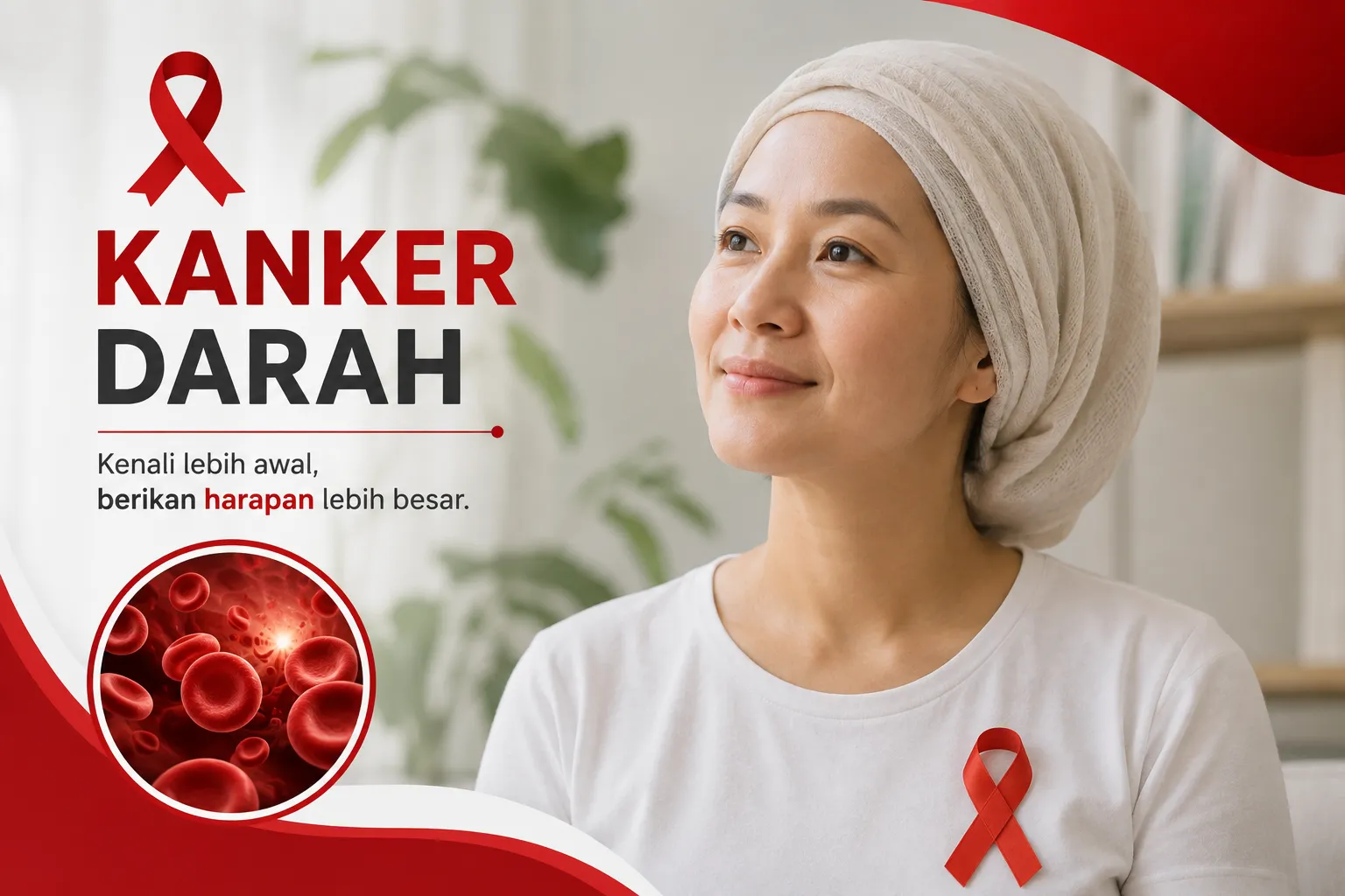 kanker darah atau leukemia pada wanita dengan pita kesadaran merah, sel darah merah, dan pesan edukasi tentang pentingnya mengenali gejala kanker darah sejak dini.