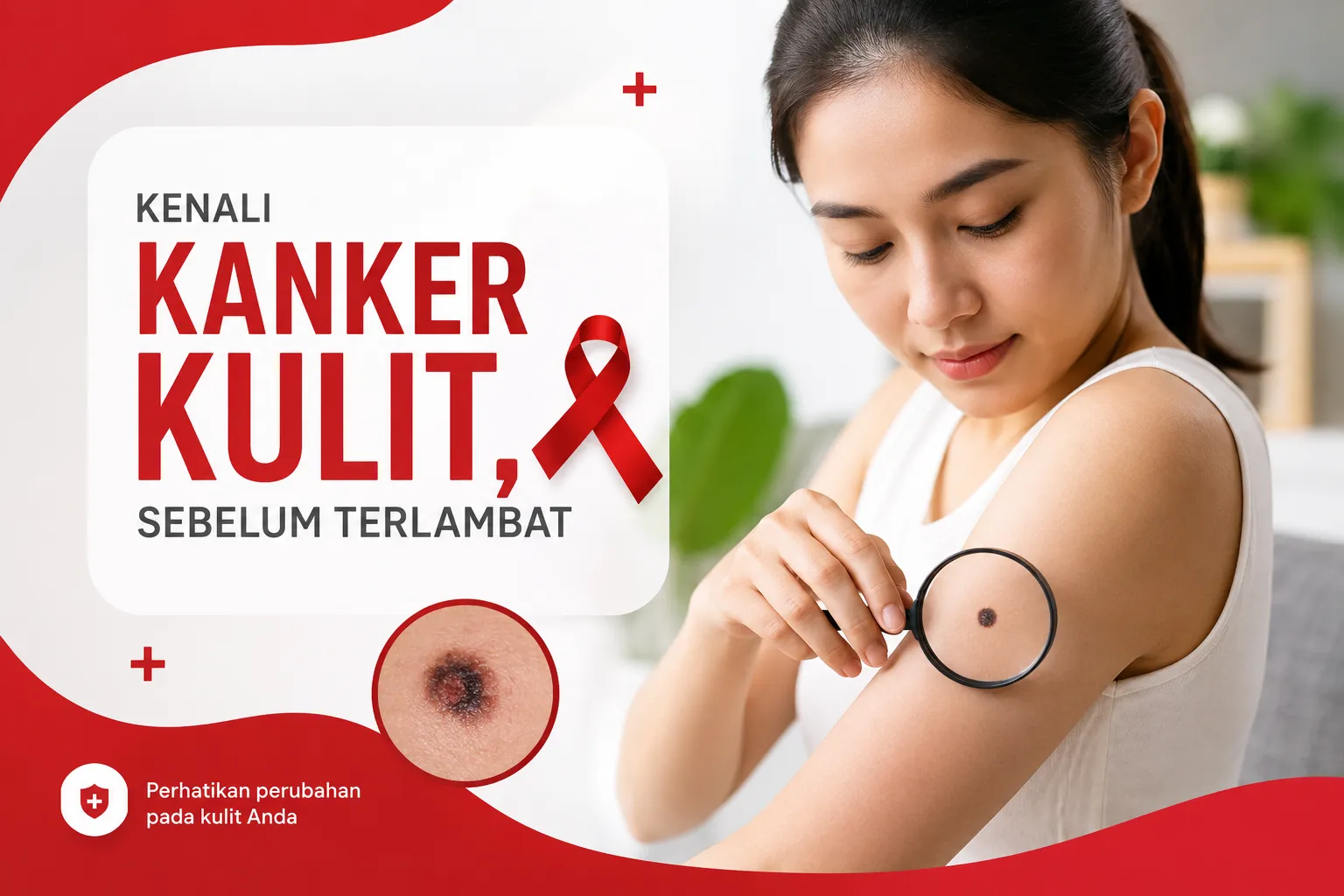 perubahan kulit yang perlu diwaspadai sebagai tanda kanker kulit, edukasi kesehatan tentang gejala, penyebab, dan faktor risiko kanker kulit dengan nuansa merah putih.