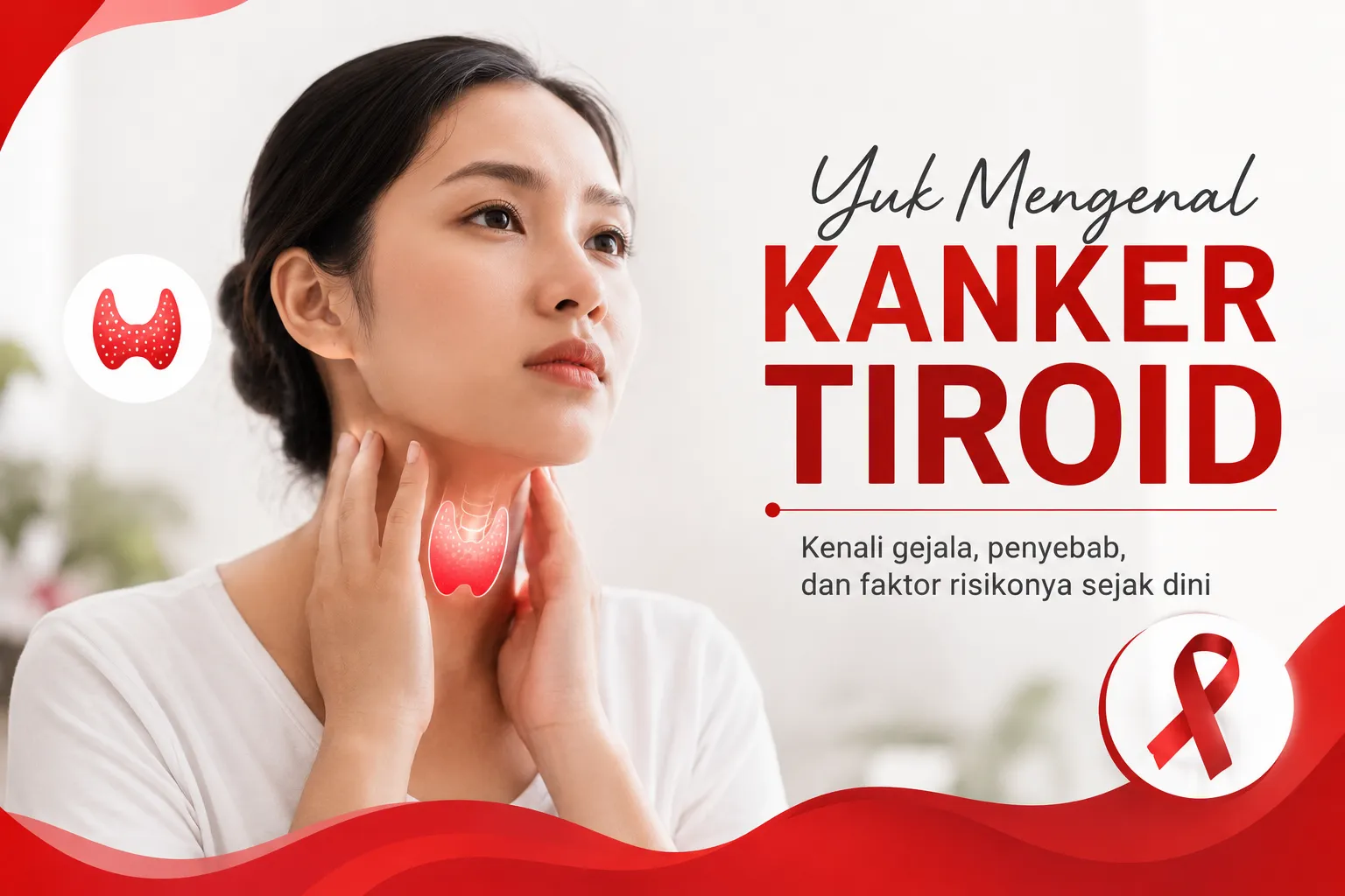 wanita dengan area leher dan kelenjar tiroid sebagai edukasi mengenal gejala, penyebab, dan faktor risiko kanker tiroid.