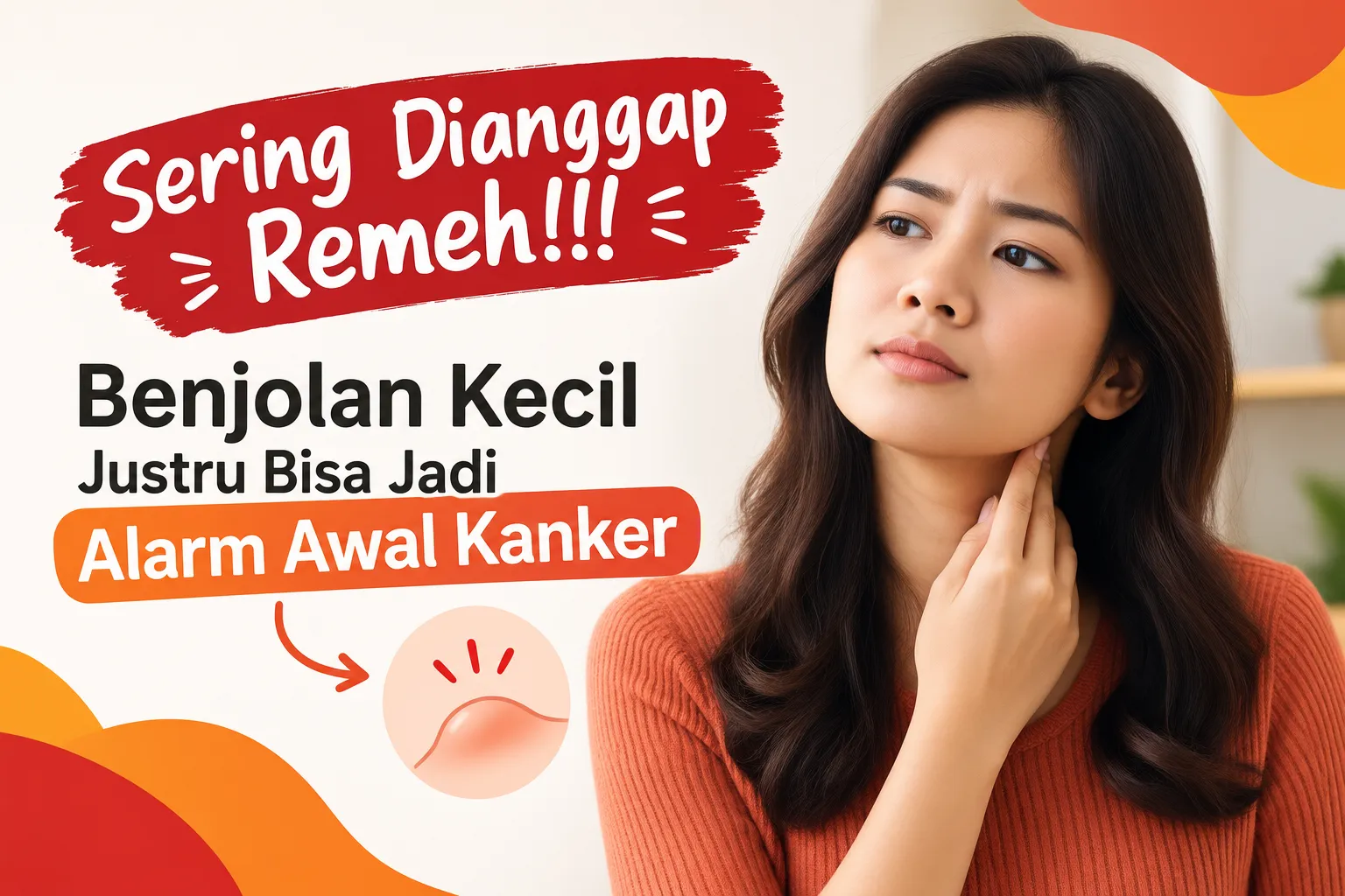 Benjolan kecil pada tubuh sebagai tanda awal kanker, wanita memeriksa benjolan di leher