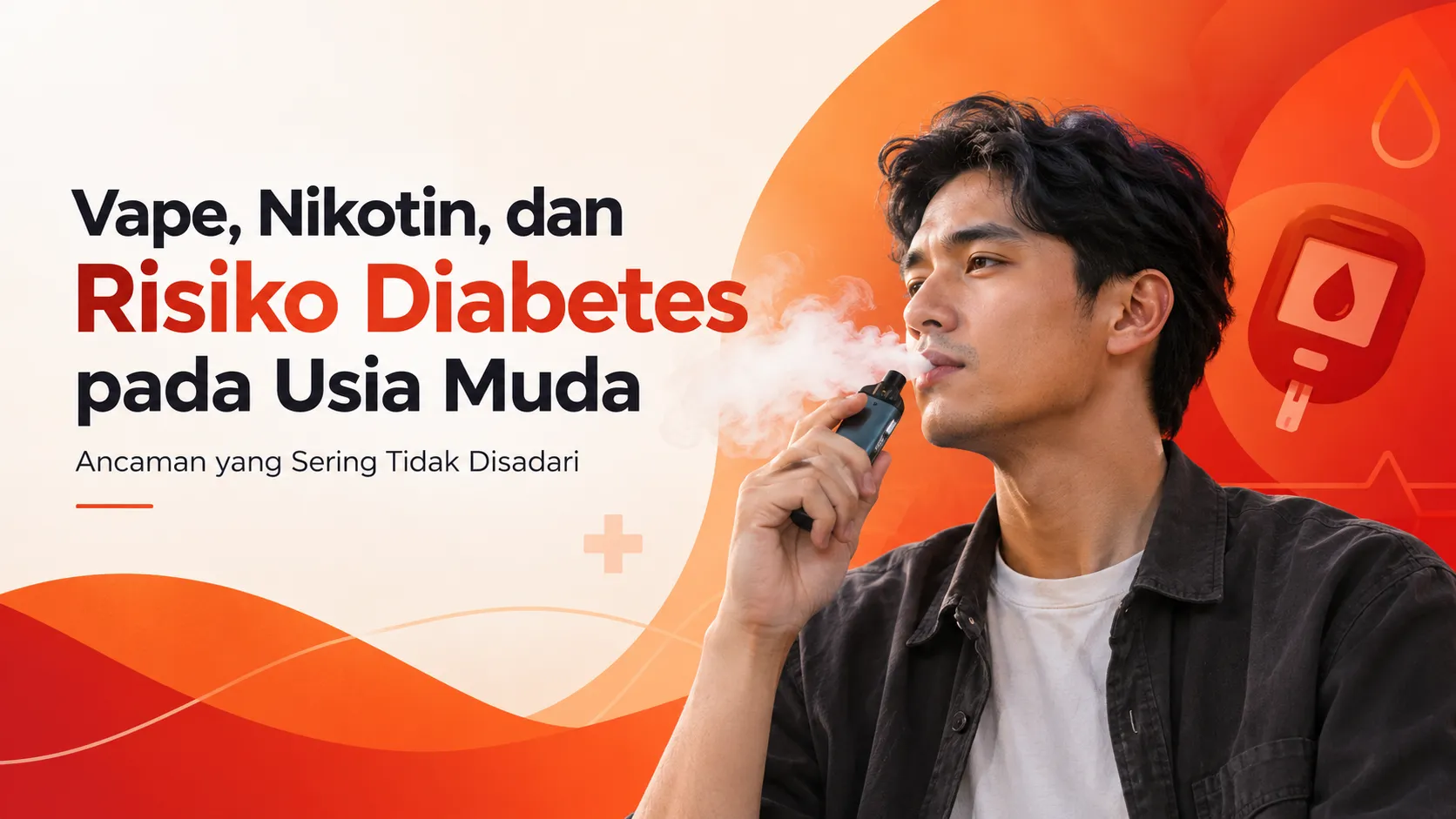 Ilustrasi pria menggunakan vape dengan tema risiko diabetes dan nikotin pada usia muda bernuansa merah orange