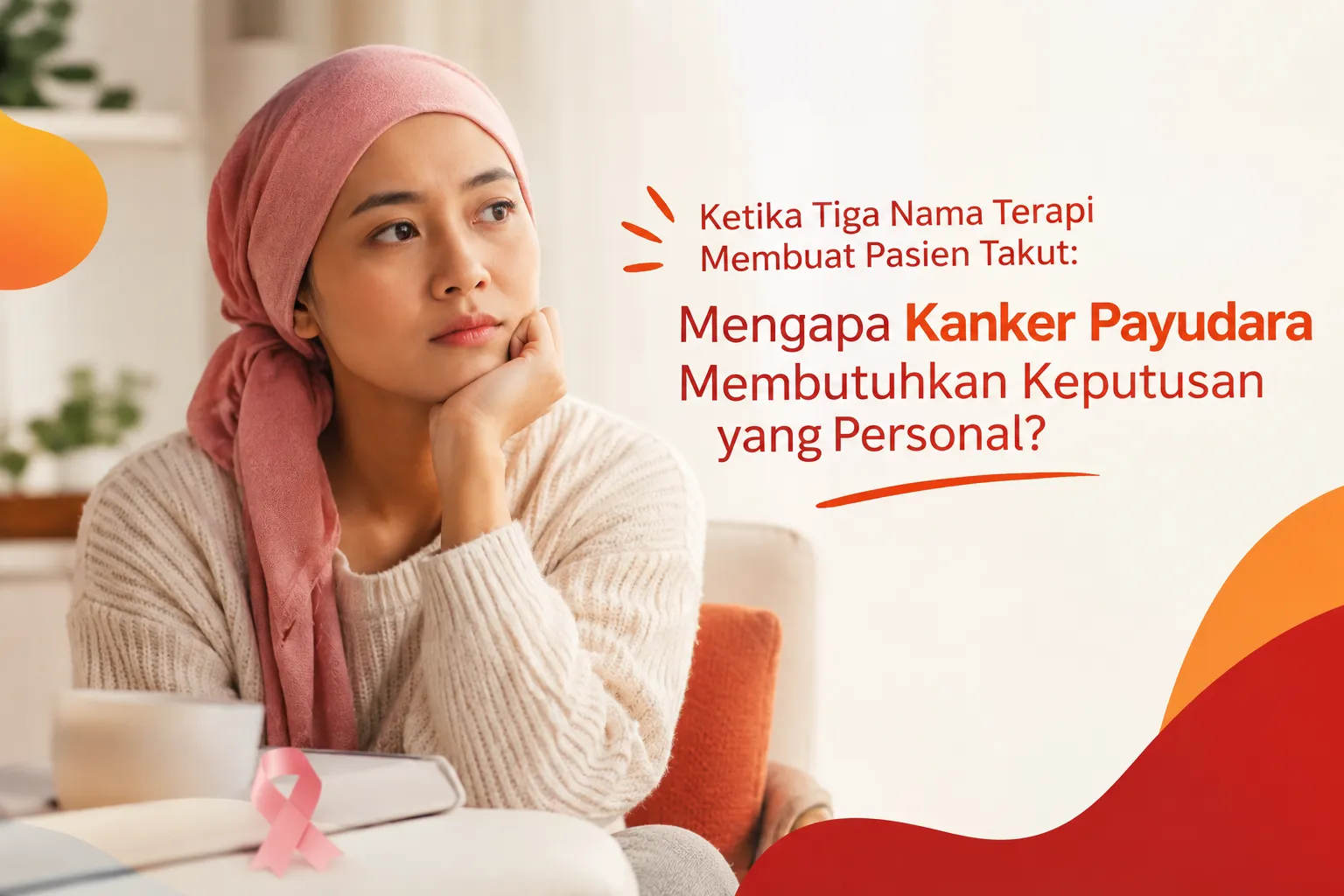 Wanita merenungkan pilihan terapi kanker payudara dengan ilustrasi pita pink dan nuansa merah oranye