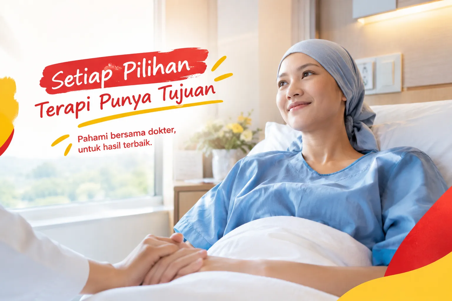 pasien wanita menjalani perawatan kanker dan memahami pilihan pengobatan bersama dokter.