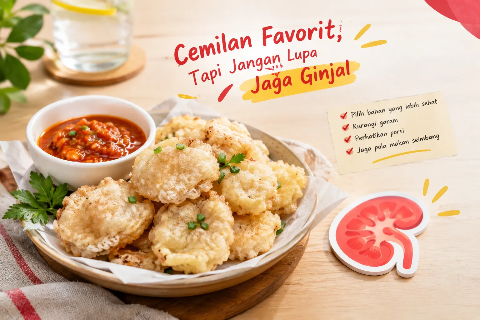 Cireng goreng dengan sambal dan tips menjaga kesehatan ginjal melalui pola makan yang tepat.